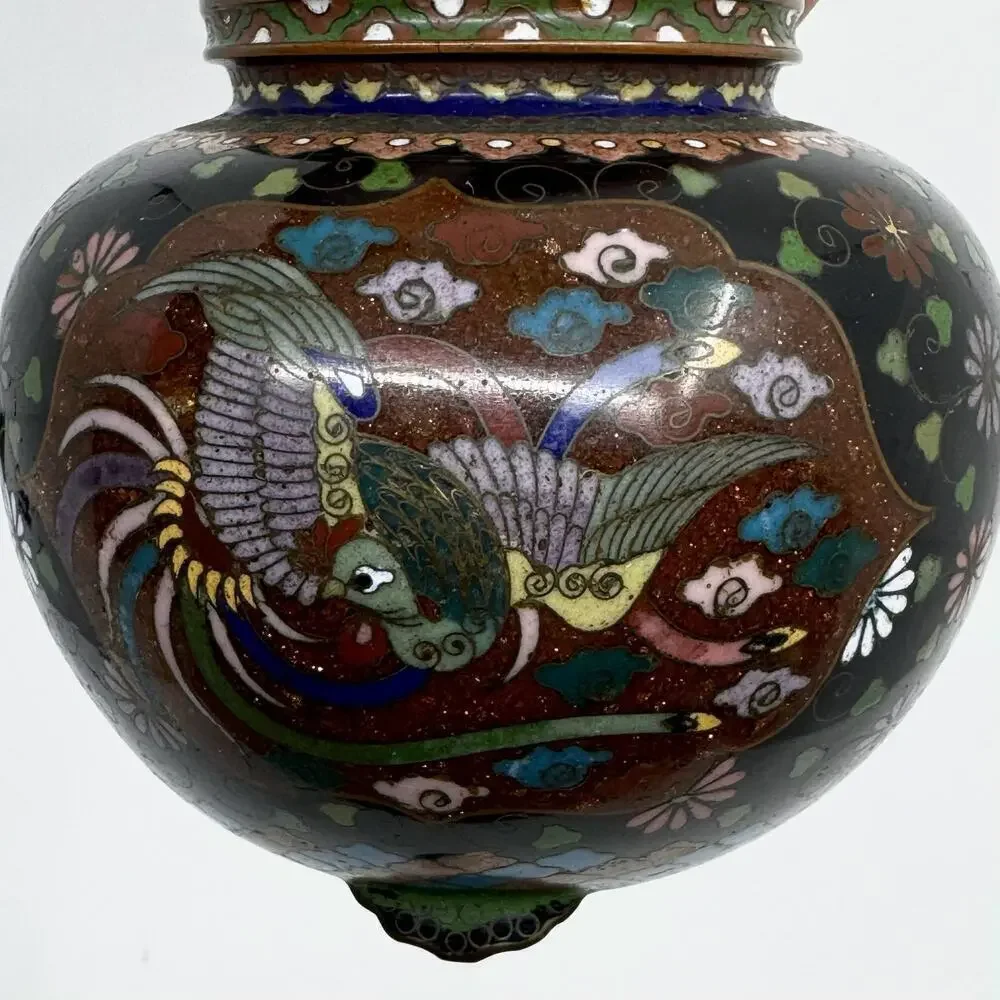 Antique Japanese Cloisonné Enamel Tripod Vessel with Lid